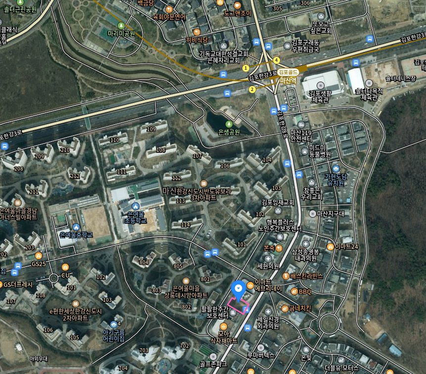 김포 마산동 근린상업지역 신축약정형 매입임대주택 가능 토지 항공 입지 지도