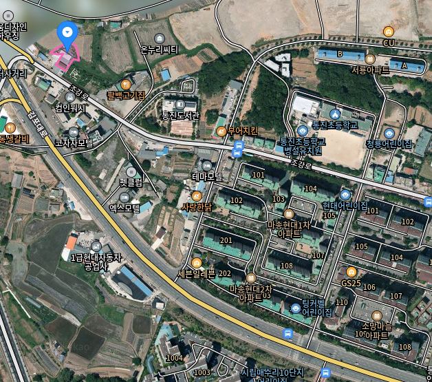 통진읍 서암리 일반공장 매매 물건의 항공 위치도와 주변 생활권 전경