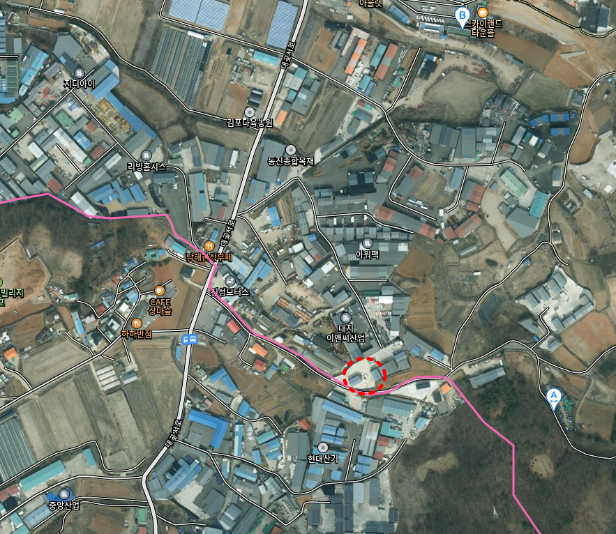 김포 대곶면 율생리 공장 매매 위치를 표시한 항공 지도 이미지