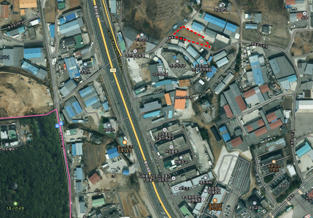 김포시 양촌읍 대포리 366평 토지 항공사진, 양촌·학운산업단지 인접 2면 도로 부지 위치도