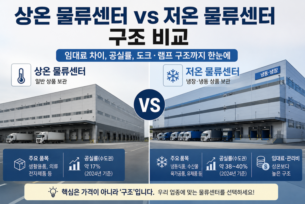 상온 물류센터와 저온 물류센터의 임대료, 공실률, 도크·램프 구조 차이를 비교한 대표 이미지