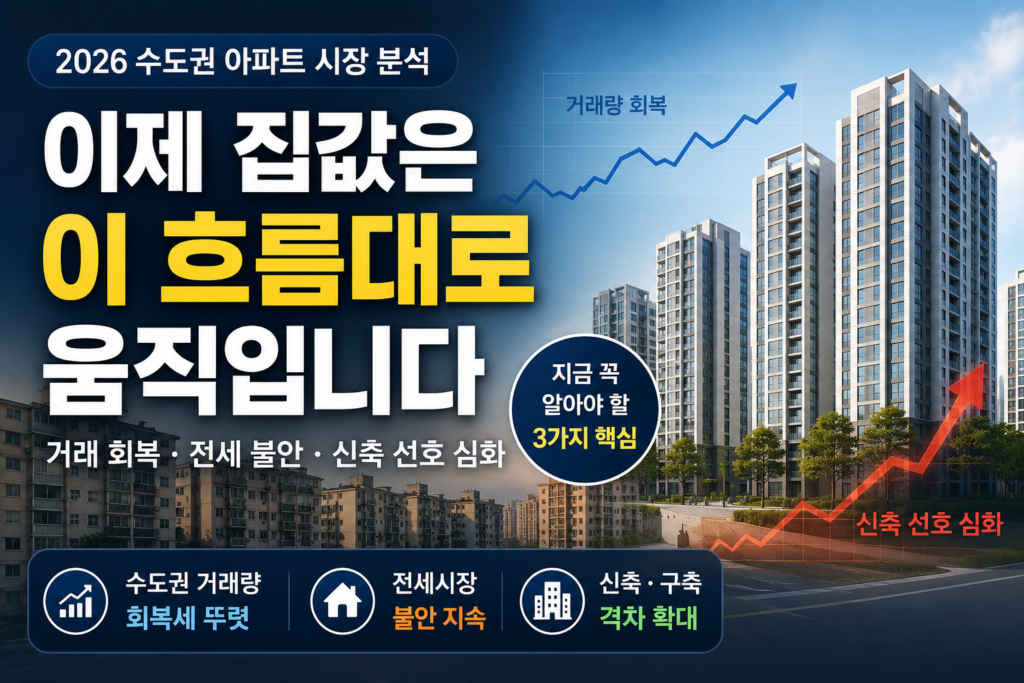 2026년 수도권 아파트 시장의 거래량 회복과 전세시장 변화, 신축 선호 현상을 분석한 대표 이미지