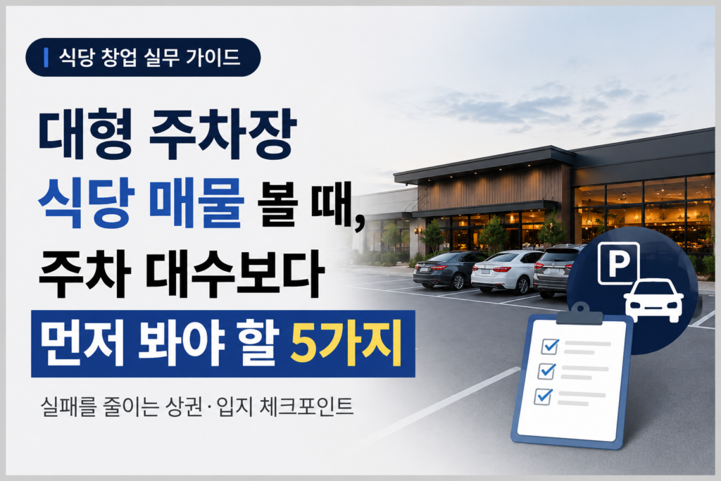 대형 주차장이 있는 식당 매물을 볼 때 주차 대수보다 진입, 회차, 출차 동선을 확인해야 한다는 내용의 대표 이미지