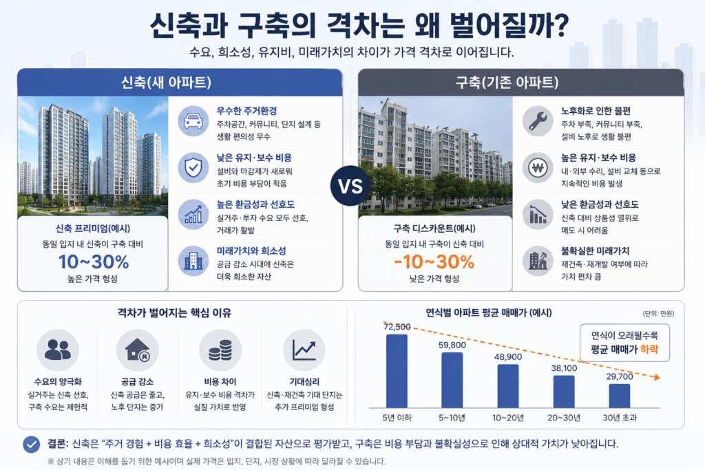 신축 아파트와 구축 아파트의 가격, 수요, 유지비, 미래가치 차이를 비교한 인포그래픽