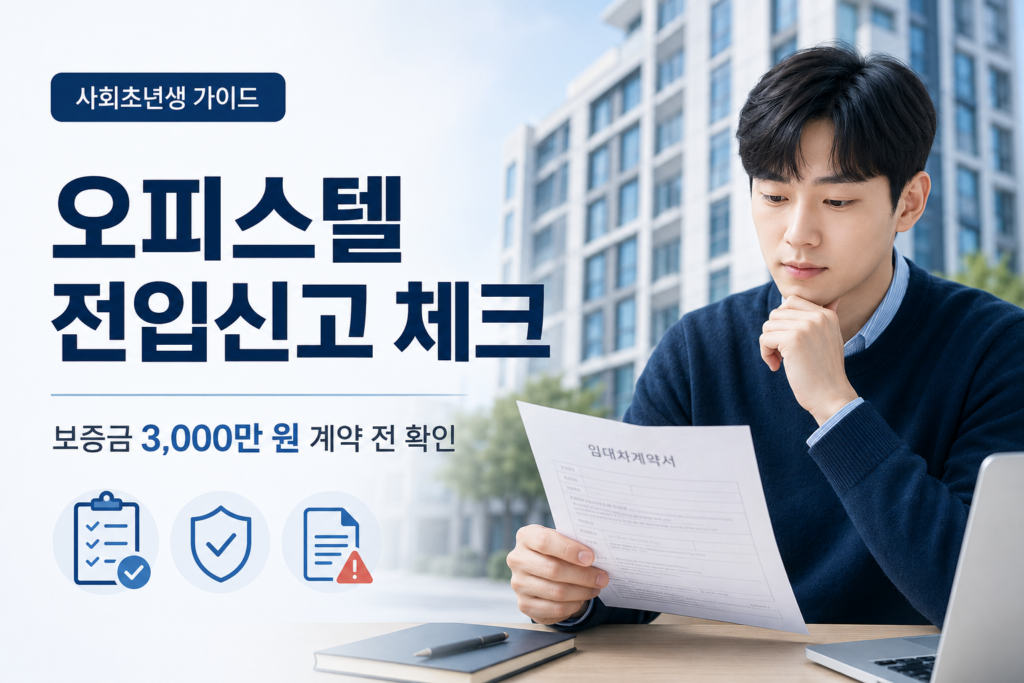 사회초년생이 오피스텔 임대차계약서를 확인하는 모습과 전입신고, 보증금 보호 체크 아이콘이 있는 대표 이미지