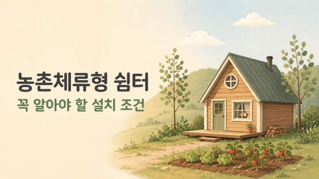 농촌체류형 쉼터 설치 조건을 안내하는 썸네일 이미지. 따뜻한 베이지 배경의 좌측에 "농촌체류형 쉼터, 꼭 알아야 할 설치 조건"이라는 텍스트가 있고, 우측에는 박공지붕의 작은 통나무 쉼터와 텃밭, 작은 나무가 그려진 일러스트.