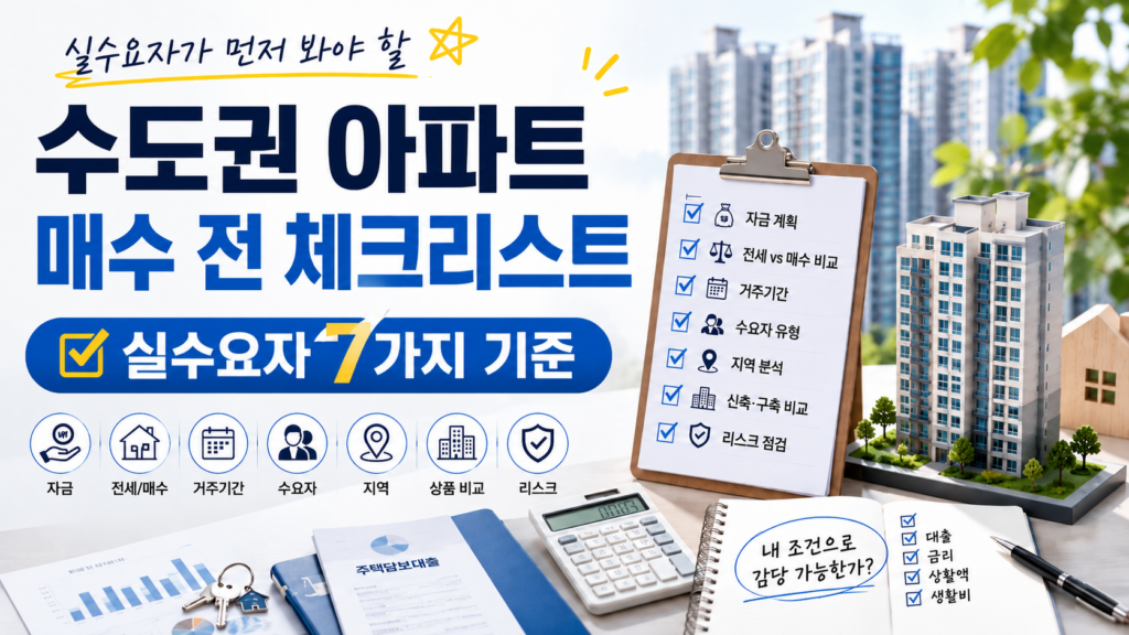 수도권 아파트 매수 전 실수요자가 확인해야 할 7가지 기준을 정리한 정보형 썸네일