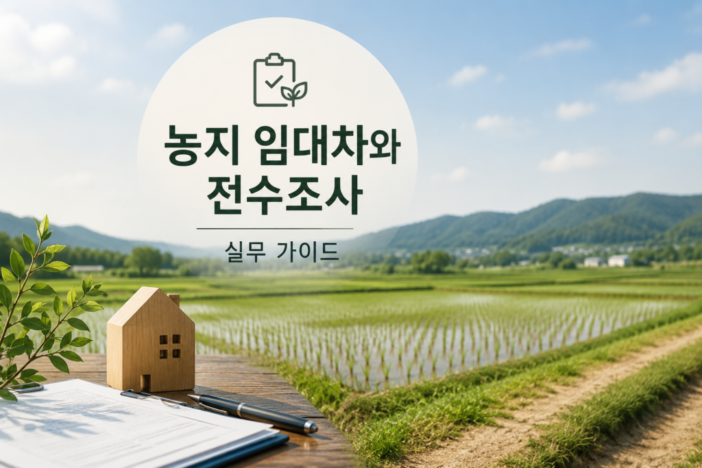 농지 임대차와 농지 전수조사 실무 가이드를 설명하는 논밭 배경의 대표 이미지