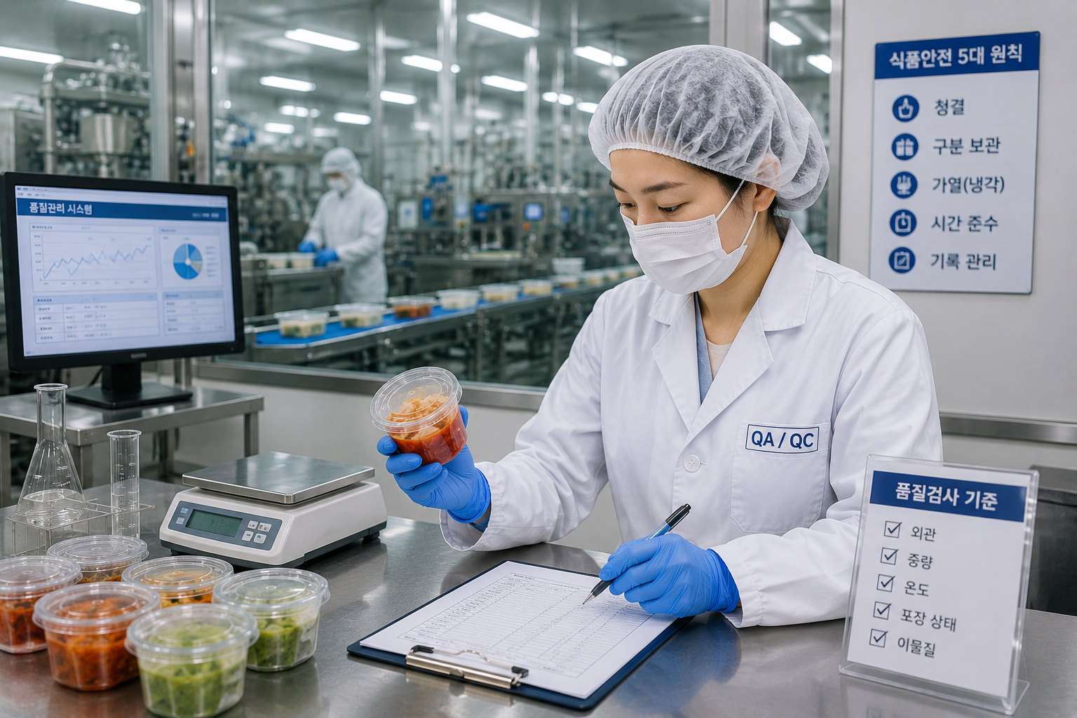 품질관리 담당자가 생산된 식품을 검사하며 기록을 작성하는 HACCP 품질관리 장면