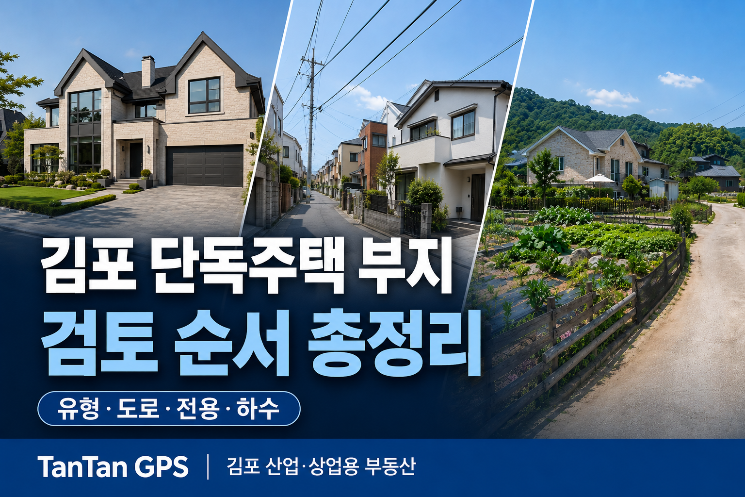김포 단독주택 부지 검토 순서를 설명하는 대표 이미지로, 지구단위계획구역 단독주택, 도시지역 주택, 비도시지역 전원주택지를 비교한 썸네일