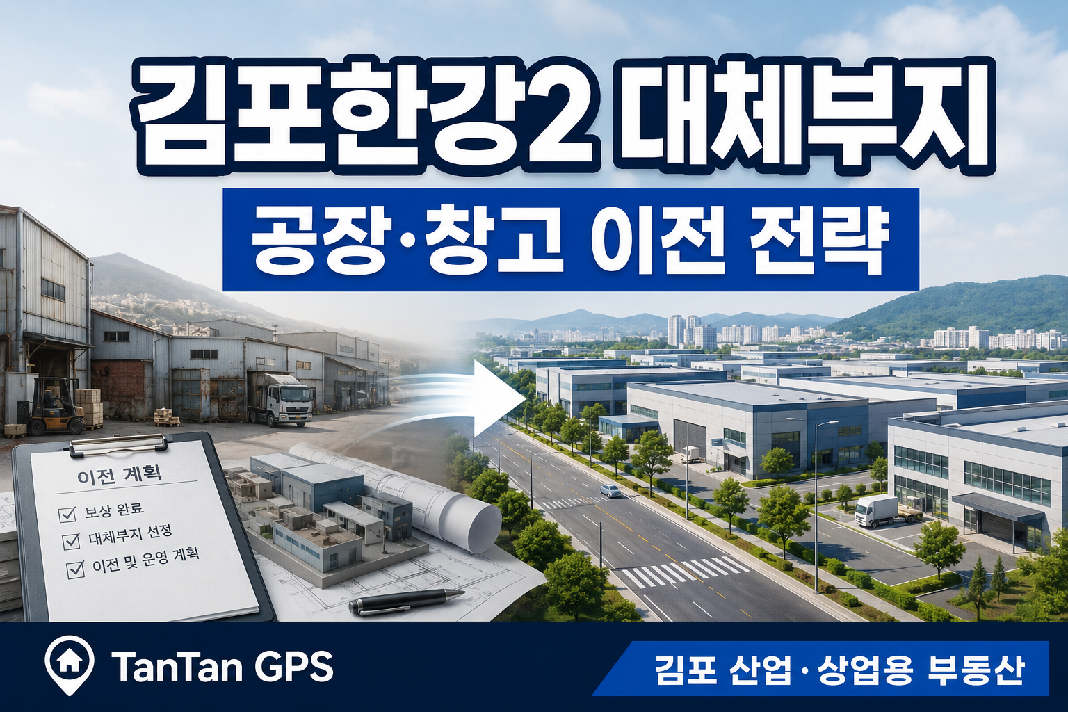 김포한강2 보상 이후 공장과 창고 사업자가 대체부지를 검토하고 이전 전략을 세우는 모습을 표현한 썸네일 이미지