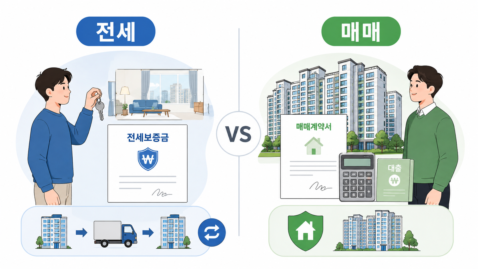 전세와 매매를 비교해 실수요자의 주거 선택 기준을 시각적으로 보여주는 이미지