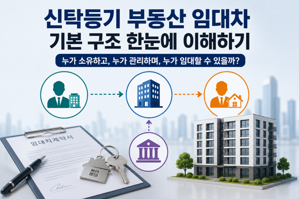 신탁등기 부동산 임대차 구조와 임대권한 관계를 설명하는 개념 이미지