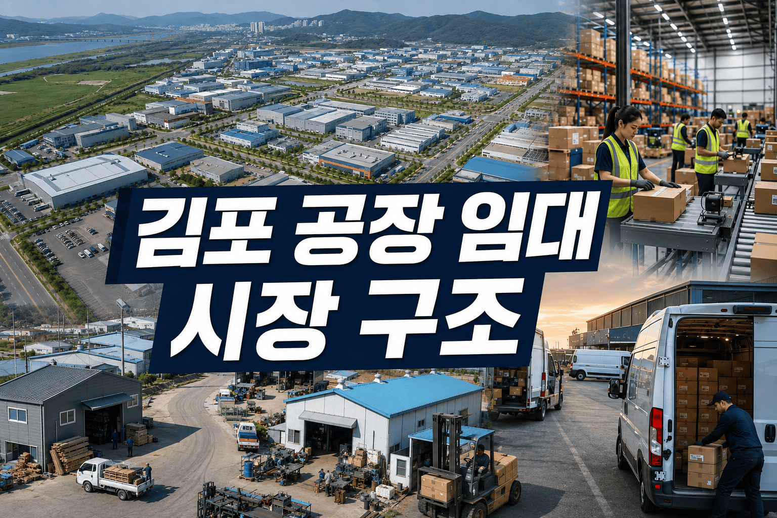 김포 공장 임대 시장 구조를 산업단지, 개별 공장, 물류창고 이미지로 표현한 썸네일