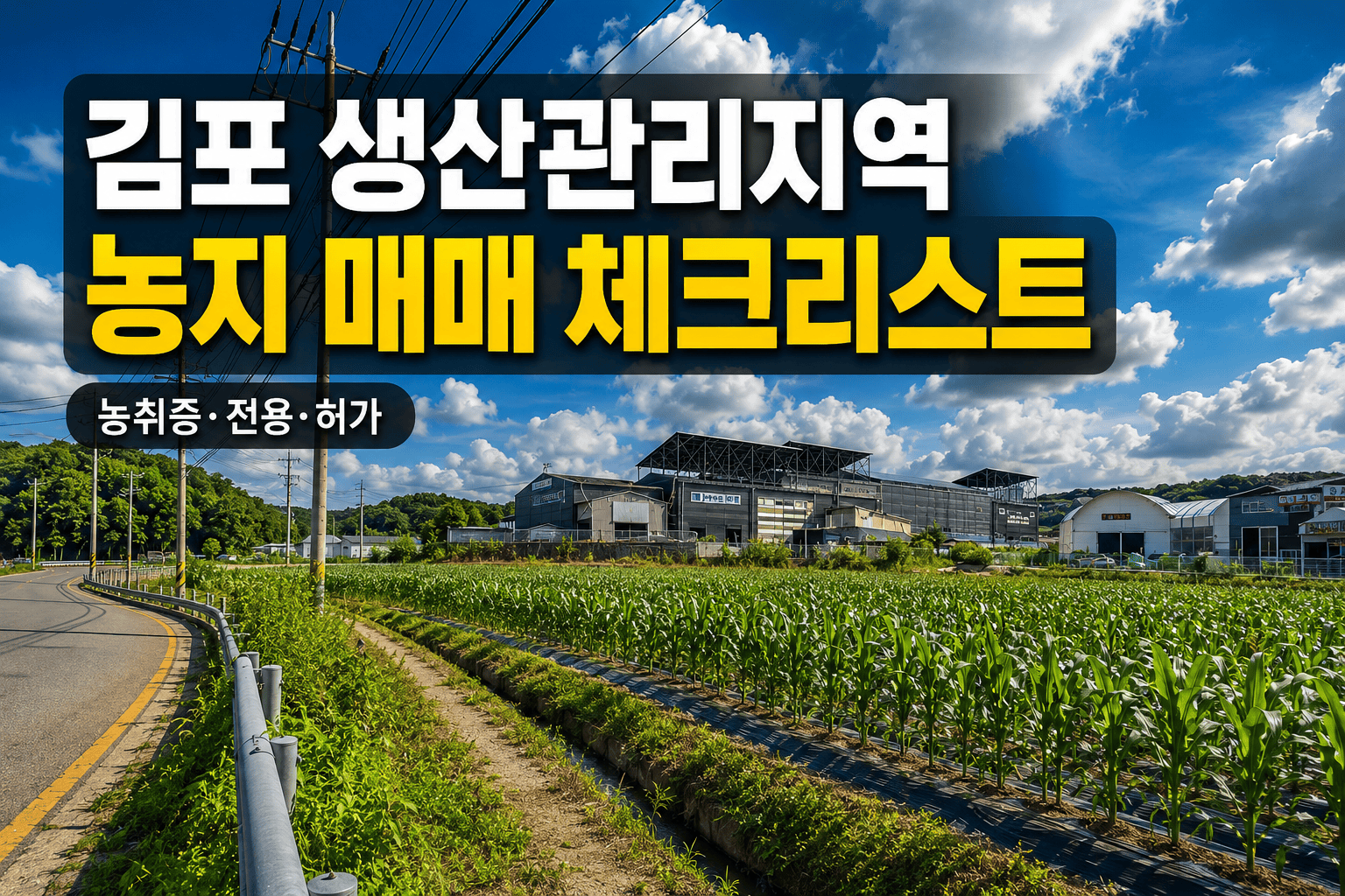 김포 생산관리지역 농지 매매 전 농취증, 농지전용, 개발행위허가, 도로 접도를 확인해야 한다는 내용을 표현한 대표 이미지