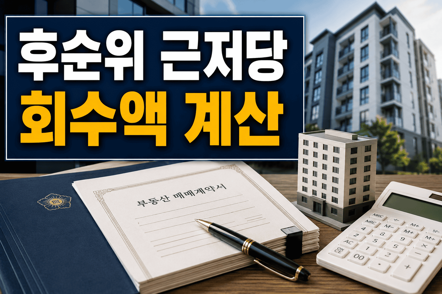 후순위 근저당 회수액 계산을 상징하는 부동산 매매계약서와 계산기 이미지