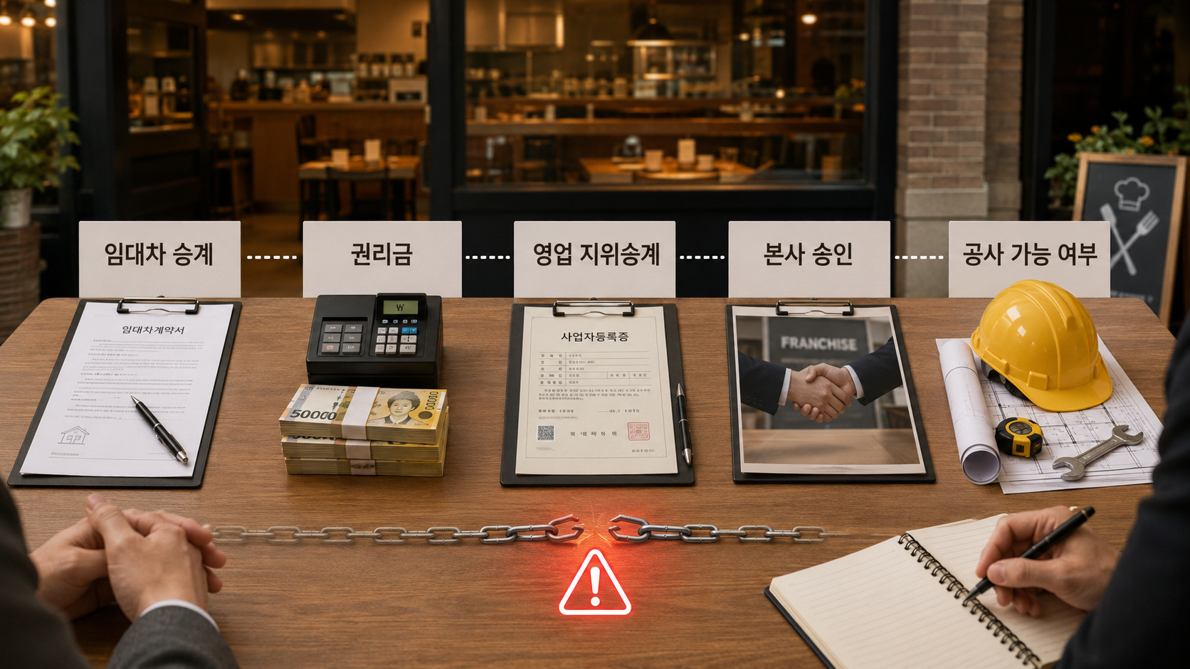 식당 인수·업종전환 계약에서 임대차 승계, 권리금, 영업 지위승계, 본사 승인, 공사 가능 여부를 각각 나누어 확인해야 하는 핵심 절차를 보여주는 이미지