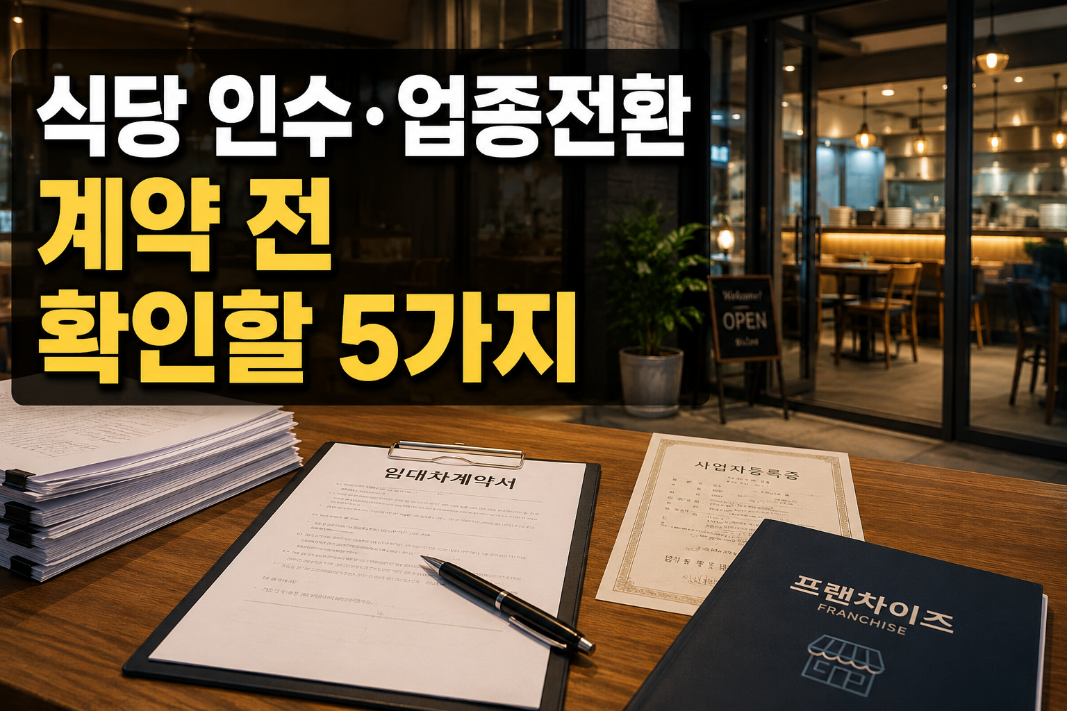 식당 인수 및 업종전환 계약 전 임대차, 권리금, 영업 지위승계, 본사 승인, 공사 가능 여부를 확인하는 핵심 체크포인트를 보여주는 대표이미지