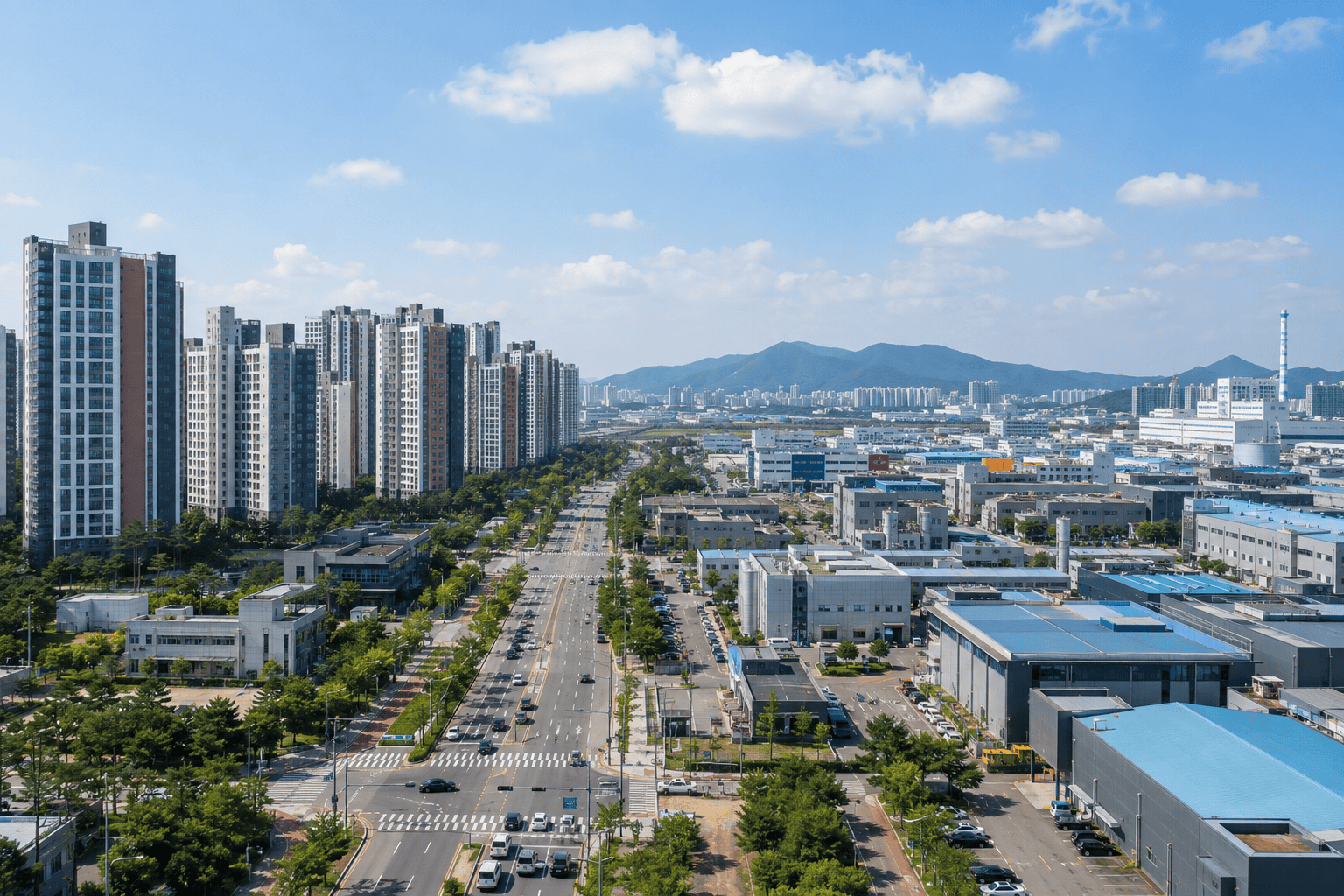 김포의 대규모 주거생활권과 산업지역이 가까이 맞닿아 있는 공간구조를 표현한 이미지