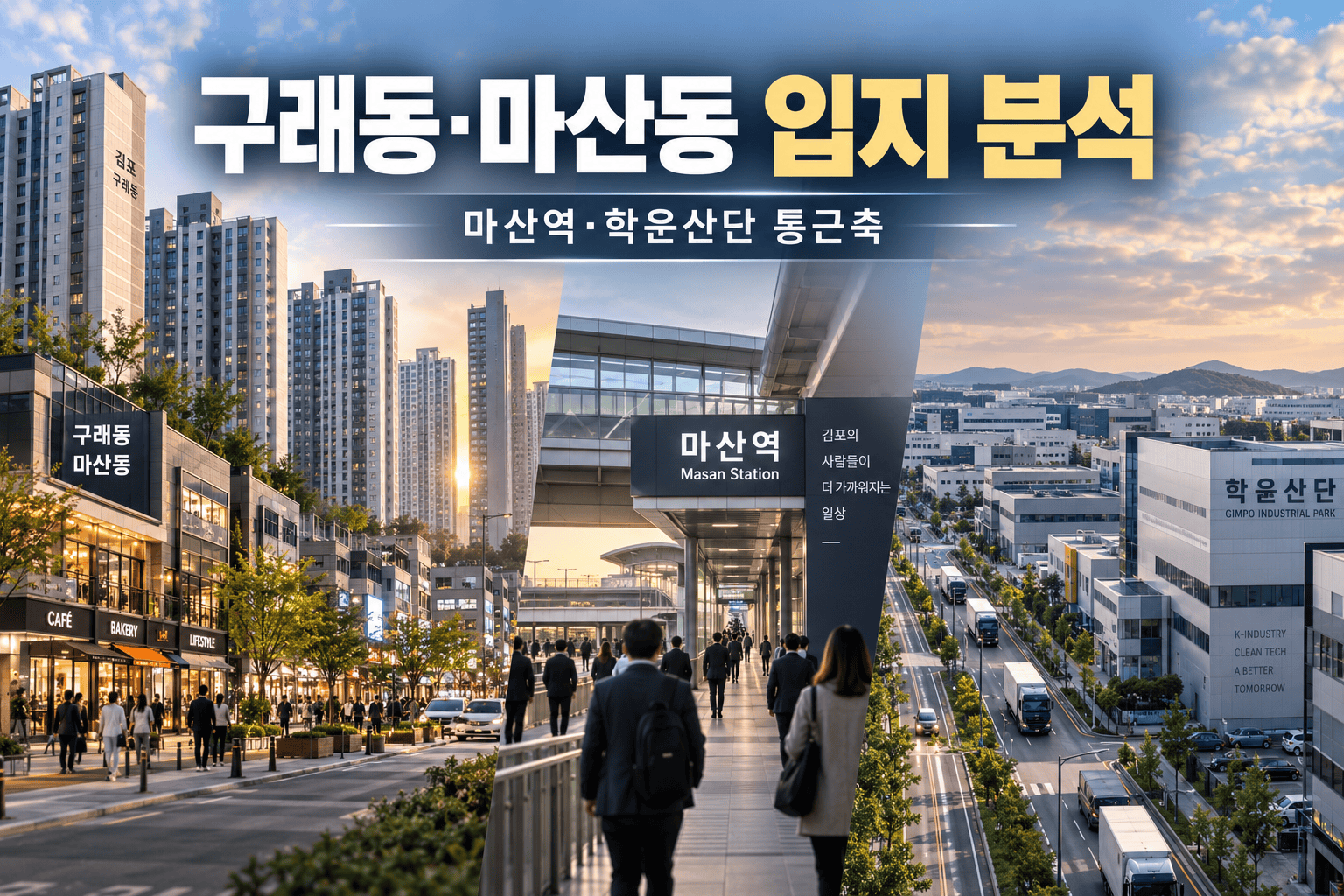 김포 구래동·마산동 고밀 주거지역과 마산역·학운산단 통근축을 표현한 입지 분석 대표 이미지