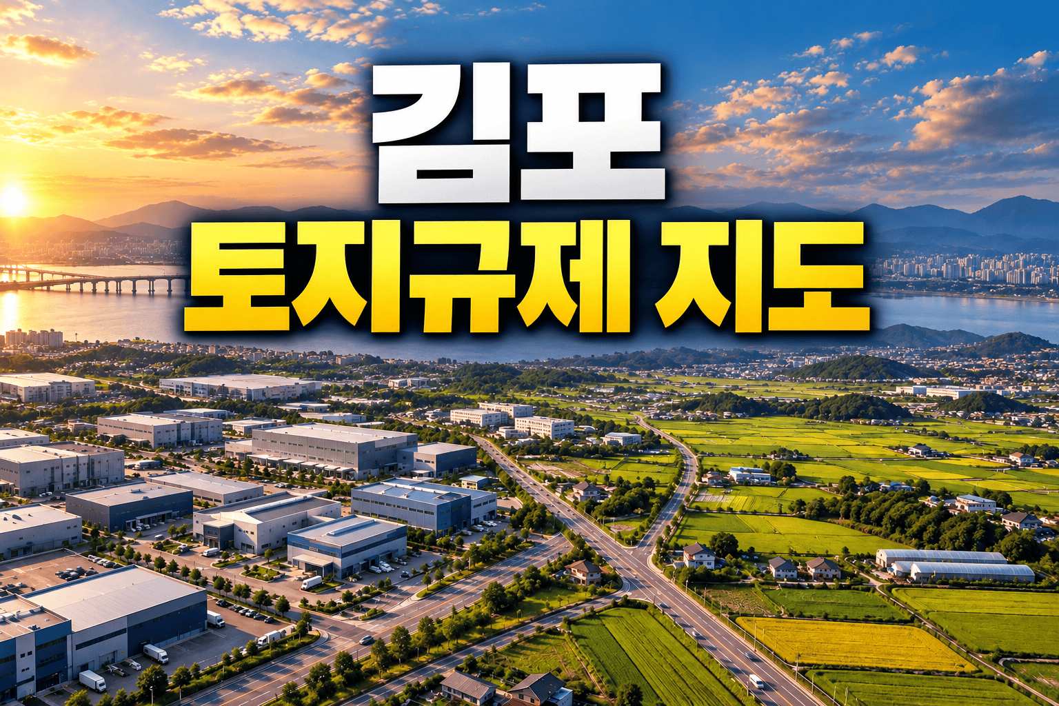 김포 토지규제 지도와 공장·농지·도로가 함께 보이는 김포 산업용 토지 전경