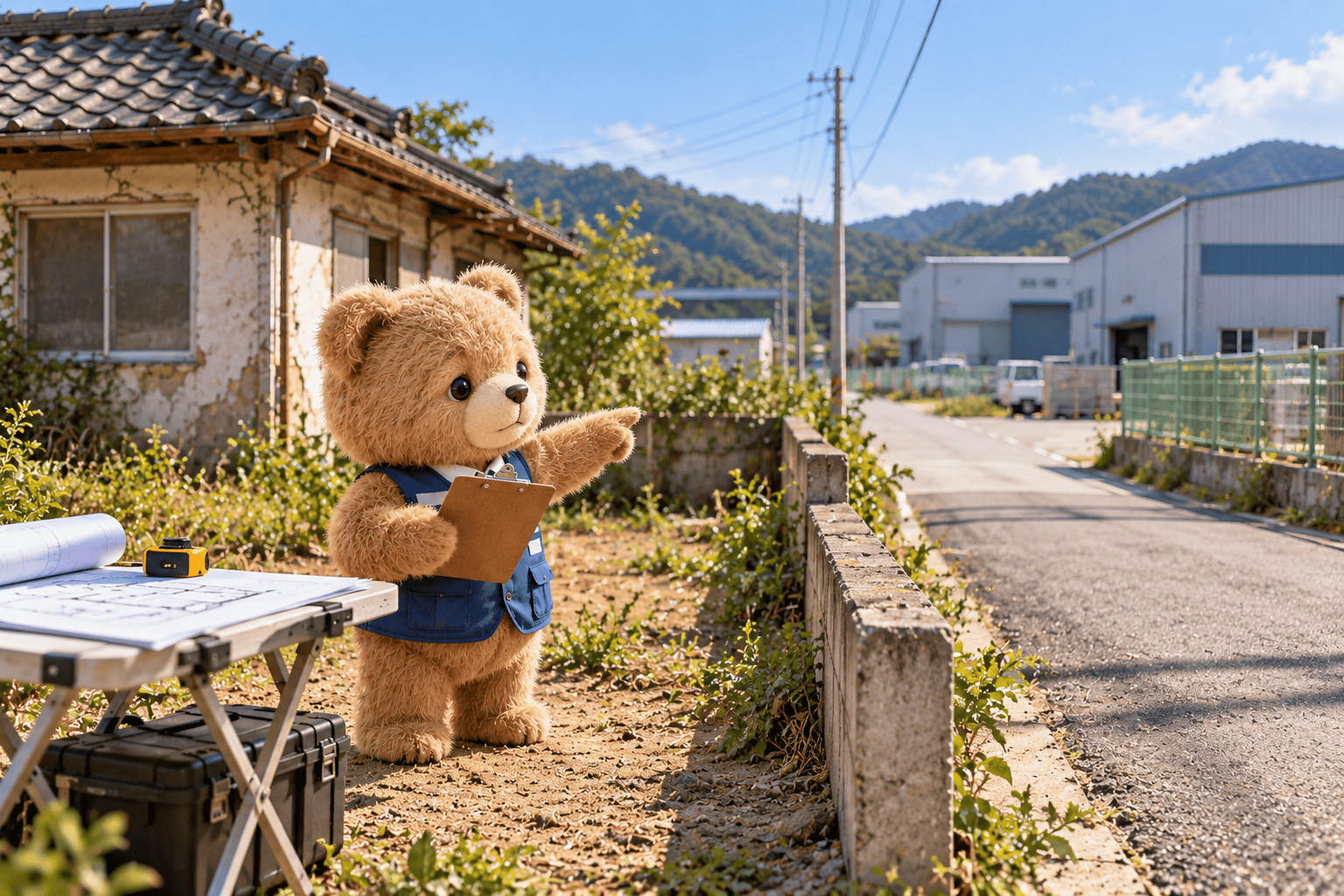 곰 캐릭터가 구옥 옆 도로의 진입 여건과 창고 신축 가능 조건을 살피는 모습
